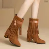 Frosted Tassel Boots High Heeled Mid-Calf Boots Thick Heeled Women's Boots Autumn and Winter