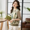 T-shirts pour femmes Version coréenne en mousseline de soie à la mode en vrac fleur imprimé t-shirt haut 2024 été demi manches col rond femme T564