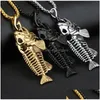 Pendant Necklaces Hip Hop Chain For Men Big Fish Bone Statement Pendant Necklaces Gold Color Stainless Steel Fishing Hippie Kpop Jewel Dhdkl