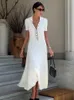 Tossy White Knit Fashion Maxi Dress for Women Short Sleeve Patchwork Elegant Party Lapel High midje Knitwear Women's 240111