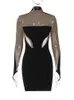 Hugcitar Women Fashion Long Sleeve Patchwork Mesh See Through Sexy BodyCon Mini Dress Winter Evening Party Club Y2K kläder 240111