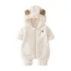 Vår- och höstfödd fleece Romper Cartoon Solid Color Jumpsuit Söt baby med en hoodie crawling kostym 240110