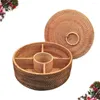 Dinnerware Sets Woven Fruit Basket Rattan Snack Tray Round Picnic Organizer Serving Bin With Lid Wicker Storage Bowl Bread Holder Container