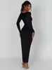 Mozision långärmad Ruched High Split Maxi Dres Square Collar Drawstring Bodycon Sexig Party Dress Elegant Autumn 240111