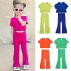 Summer Girls Bell Bottom Outfits 2pcs Solid Cotton Tshirt Pants Suit For Children Teenage Fashion Tracksuit Clothes 240110