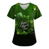 Women's T Shirts Clovers Print Green Scrub Tops St. Patrick's Day Clinic Carers Uniform Staff Blouse V Neck Workwear