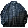 Mäns casual skjortor Autumn 2024 Japansk bomullslinne tvättgradient blå svart pläd lös långärmare skjorta high street