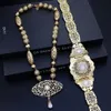 Sunspicems Algeria Morocco Bride Jewelry Sets Gold Color Long Pendant Mecklace Caftan Belt Pink Mintgreen Crystal Body Jewelry 240110