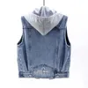 Shorts Pour Femme Jeans Nouveau Denim Gilet Femmes Printemps Automne Vêtements Sans Manches Sauvage Hauts Court À Capuche Veste Femmes Denim Jeans Vest Jacket Female