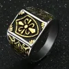 Fashion Golden Color Fleur De Lis Shield Ring Mens Sier-Color Cross Crest Signet Ring 14K White Gold Biker Jewelry Size 447