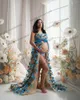 Feestjurken Blauw 3D Bloemen Zwangerschaps Poshoot Jurk Strapless Empire Galajurk Vrouwen Kanten babyshower met split aan de voorkant