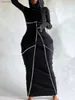 基本的なカジュアルドレスLWプラスサイズレディセクシーな女性の秋の冬のドレスフード付きカラーストライプボディコンエレガントな黒人ボディーコングロングスリーブスウェットドレスT240110