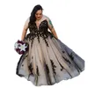 Plus Size Black A Line Wedding Dresses Sweetheart Sleeveless Floor Length Lace Appliques Long Tulle Gothic Bridal Gowns Champagne Lining Custom Made 2024