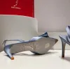 Rene Caovilla High Heel klänningskor med högsta kvalitet Högklackad Satin Bow Crystal Square Buckle Dekorativ fotled Remmen Kvinnor Luxur Designer Sandaler