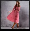 Vestidos de festa verão estilo boêmio feminino vestido vintage algodão linho mulheres v-pescoço flor bordado balanço hem rosa vermelho