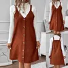 Vestidos casuais vestido dungaree feminino Corduroy Uma linha mini -saia Retro Mulheres Longa Pocket