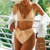 Set Sexy High Waist Belt Bikini Set Yellow Stripe Swimsuit Tie Front Women Swimwear Female Beach Wear Swim Bathing Suit