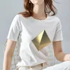 Mulheres Camisetas Rua Moda T-shirt Retro Ouro Diamante 3D Padrão Impressão Branco Top Redondo Pescoço Juventude Commuter All-Match