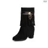 Frosted Tassel Boots High Heeled Mid-Calf Boots Thick Heeled Women's Boots Autumn and Winter