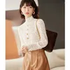 Women's Blouses Autumn Winter Thick Apricot Lace Blouse Women Shirt Elegant Chic Slim Fit Casual Long Sleeve Turtleneck Korean Tops D2120