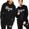 Lover outfit sin drottning eller hans kung tryckt spårdräkter par hoodies kostymer huva tröja och svettbyxor två stycken set s-4xl 240111