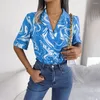 Damesblouses Dames Casual geometrische print Top Notched Single-breasted Office Lady Blouse Shirt voor de zomer