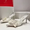 Rene Caovilla High Heel klänningskor med högsta kvalitet Högklackad Satin Bow Crystal Square Buckle Dekorativ fotled Remmen Kvinnor Luxur Designer Sandaler