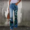 Jeans enkelt billiga mode kvinnors fall nya kvinnors jeans 3D tryckt blommakamp mönster avslappnad överdimensionerade flare byxor