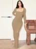 Hugcitar Ribbed Solid Long Sleeve Square Neck Maxi Dress 2024 Fall Sexy Evening Party Elegant Vestido Kleider Mit Robe 240111