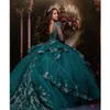 Szmaragdowa zielona sukienka Quinceanera Koraliki z długim rękawem Aplikacje Warstwowy księżniczka suknia balowa słodka 16 sukienka vestido de 15