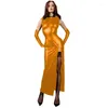 Casual Dresses Leather Pu Elegant Lady Fit Sleeveless Solid Dress Female Backless Slim Thigh-High Slit Long Party Sexy Summer 7XL