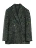 Twotwinstyle Green Leopardグラフィックメスブレザーノッチ付き長袖気質カラーブロックルーズレディースコート冬240110