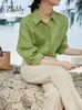 Zadily Summer Korea Style Långärmad kvinnor Linne Grön skjorta Office Lady Button Ladies Work Blus Dagliga kläder Toppar 240111