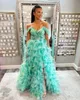 Long Layer Formal Party Dress 2K24 Print Organza Slit Lady Pageant Prom Evening Event Hoco Gala Cocktail Red Carpet Dance Gown Photoshoot Illusion Corset Coral Green