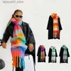 Bufandas de punto cálido bufanda a cuadros mujeres de lujo espesar suave cachemira bufandas pashmina invierno arco iris rayado chal accesorios diarios Q240111