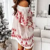 Vrouwen Sneeuw Herten Patroon Kerstman Jurk Warm Loose Fit Kerst Gebreide Top Lange Mouw Slash Hals Casual Winter Gewaad 240111