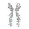 Boucles d'oreilles à tige en argent 2024 S925 avec nœud en diamant et pompon long pour femme, luxe léger, haute couture