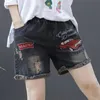 Jeans Nieuwe Zomer Denim Shorts Dames Schattig Zoet Borduren Kat Gescheurde Zak Elastische Taille Casual Gebleekte Gewassen Jeans Shorts 2023