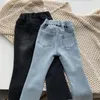 Byxor flickas förtjockade jeans tidigt på våren einter koreansk mode sömnadslinje elastisk midjeband casual leggings trend boot cut byxor
