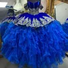 Vestidos de quinceañera mexicanos azules, apliques dorados, vestido de baile escalonado de Tull, vestido de cumpleaños con cordones, vestido dulce 16