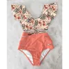 Hohe Taille Rüschen Sexy Bikini Set Volant Biquini Bademode Frauen Zwei Stücke Badeanzug Floral Beachwear V-ausschnitt Badeanzug240111