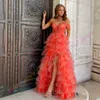 Long Layer Formal Party Dress 2k24 Print Organza Slit Lady Pageant Prom Evening Event Hoco Gala Cocktail Red Carpet Dance Gown Photoshoot Illusion Corset Coral Green