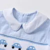 Baby Boy Smocked Blue Romper Children Embroidered Car Jumpsuit Peter Pan Collar Spanish Boutique Clothes 240110