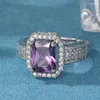 Cluster Rings Fashion Silver Color Big Square Purple CZ Stone Ring for Women Girls Elegant Bride Wedding Accessories Jubileumsgåvor