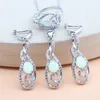 Uppsättningar 925 Silver Opal Bridal smycken Set White Zircon Earrings for Women Wedding Rings Pendant Necklace Set