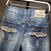 Shorts 2023 verão novo masculino rasgado jeans curto streetwear grande buraco moda vintage azul magro denim shorts roupas de marca