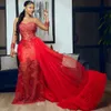 Red Mermaid Prom Dresses for Black Women Sheer Neck Long Sleeves Lace Illusion Birthday Party Dress Second Reception Gowns with Detachable Train Simple Dinner NL481