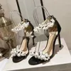 Robe chaussures femmes bride à la cheville perle décor sandalias en cuir véritable mince talons hauts peep toe sandales sexy pompes fête