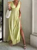 Casual Dresses Women Hollow Out Split Dress Summer Solid Deep V-Neck Loose Fit Sleeveless Loungewear Ladies Maxi Streetwear Drop