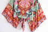 Set Boho Queens Floral Print Sashes Short Kimono Women New Fashion V Neck Batwing SemeVes Ladies Beach Bikini Coverups